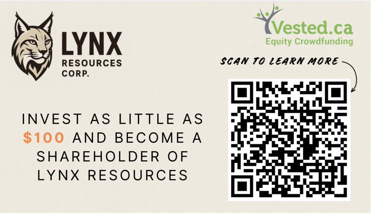 VestedCa's tweet photo. Week 2 update on https://t.co/ufuRYK9Rmi equity crowdfunding campaign for Lynx Resources 

 https://t.co/oQBkVGk6Ww       

$57,700 raised to date with 74 investors

- Invest as little as $100 
- easy registration      
- pay online    
- complete in 3 minutes 
- get air miles https://t.co/YuPZlf7uqz