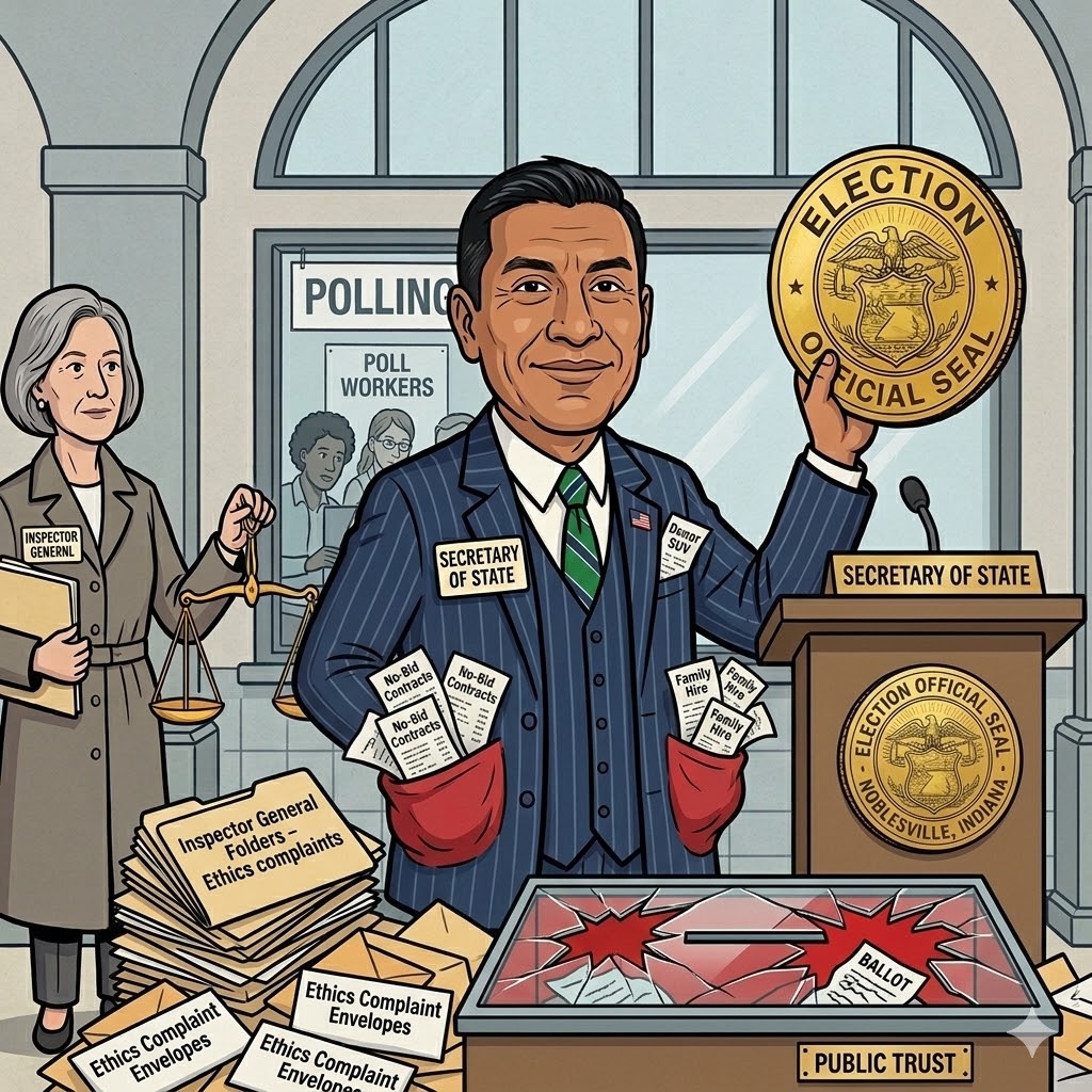 The Marion County Election Board's own investigation found Diego Morales likely violated campaign law by using official election footage and poll workers in a re-election ad. That finding sits on top of a record that was already deep in the red.

Taxpayer-funded $90,000 SUV