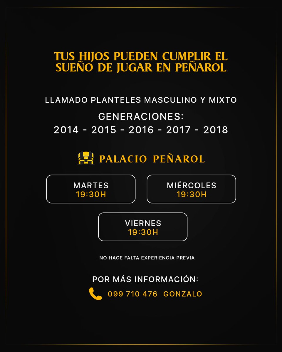 🗣️ LLAMADO A ASPIRANTES (MASCULINO Y MIXTO) 

👉 Generaciones 2014 - 2015 - 2016 - 2017 - 2018
📍 Palacio Peñarol 

Por más información: 

📲 099 710 476 (Gonzalo)