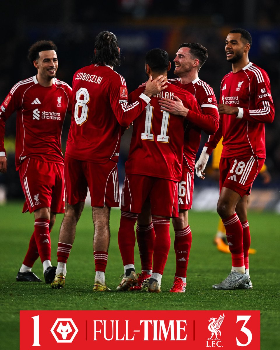 OudouchYassine's tweet photo. FULL TIME: Wolves 1-3 Liverpool 🔴🙌
Job done at Molineux! Goals from Robbo, Salah, and Curtis Jones see us through to the Quarter-Finals. A much-needed clinical performance from the Reds!
Onto the next round! 🏆 #LFC #FACup #WOLIV https://t.co/dl9gA7CH9a