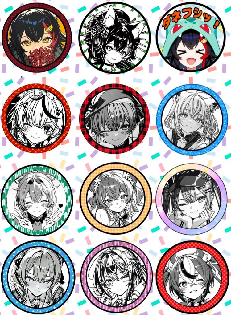 homumohu_miofa's tweet photo. もっかい告知しておきます！

エンカした人に配っている缶バッジのラインナップはこちらです！
ﾀﾞﾈﾌｼ缶バッジは希望者にお渡ししていて
他のホロメンが欲しい方は抽選箱から引いて当ててみてください！😆
たくさん用意しましたので皆さんとのエンカ待ってます！
会場で居場所ポストしますね！ https://t.co/6g1KCNLmlX