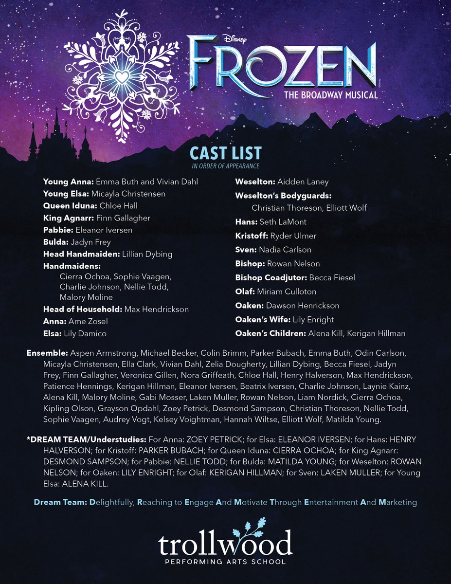 CONGRATULTIONS TO THE CAST OF DISNEY'S FROZEN! We were absolutely blown away by the incredibly talented collection of performers who auditioned to join the cast of the 2026 Trollwood Mainstage Musical. WE CAN'T WAIT FOR SUMMER!
