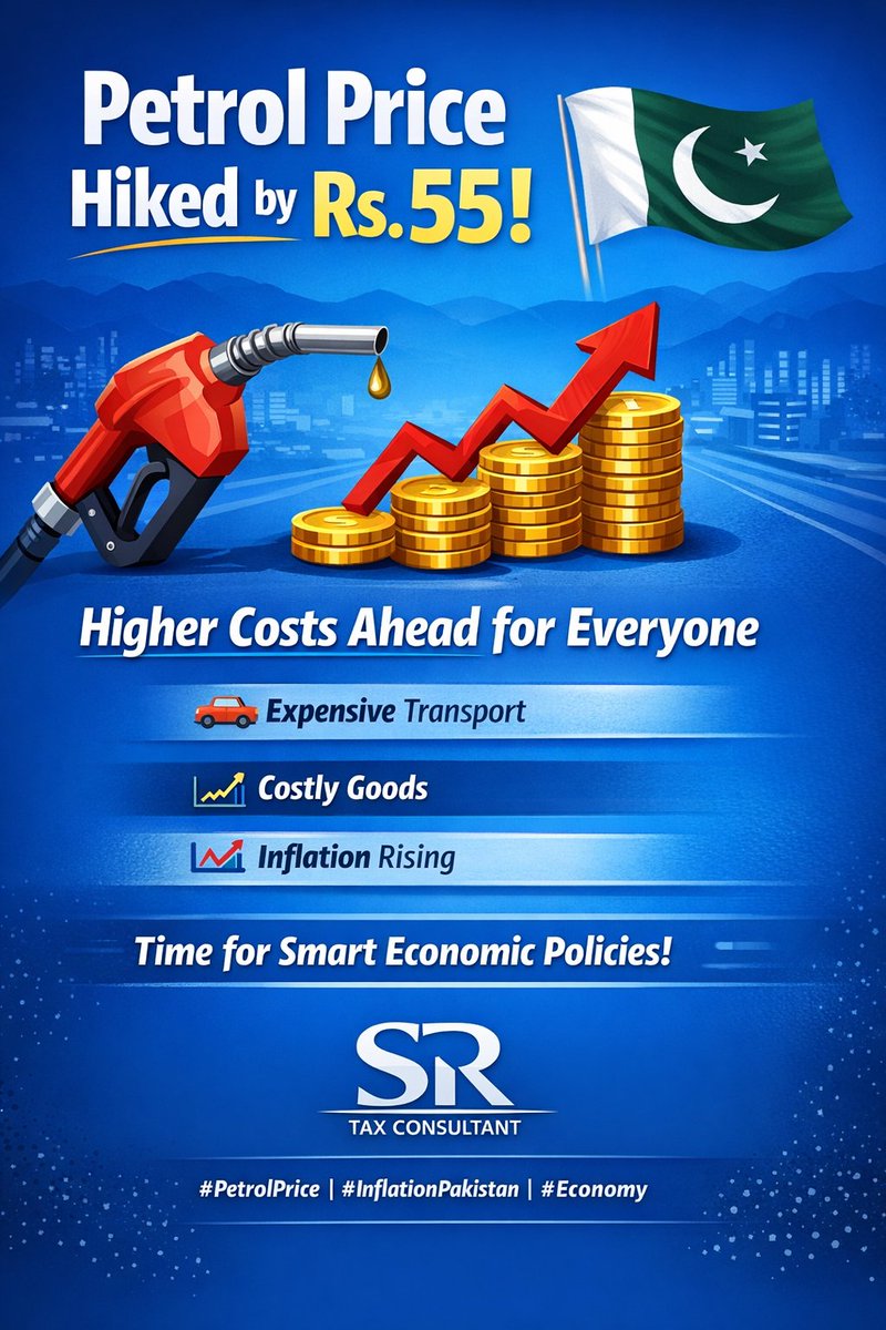TaxwithShams's tweet photo. ⛽ Petrol Price Increased by Rs.55 in Pakistan 🇵🇰

The government has significantly increased petrol prices, adding further pressure on inflation and daily living costs.

Higher fuel prices mean higher transport costs, expensive goods, and more burden on the common citizen.

Economic stability and smart policies are now more important than ever.

#PetrolPriceHike #InflationPakistan #Economy #Pakistan