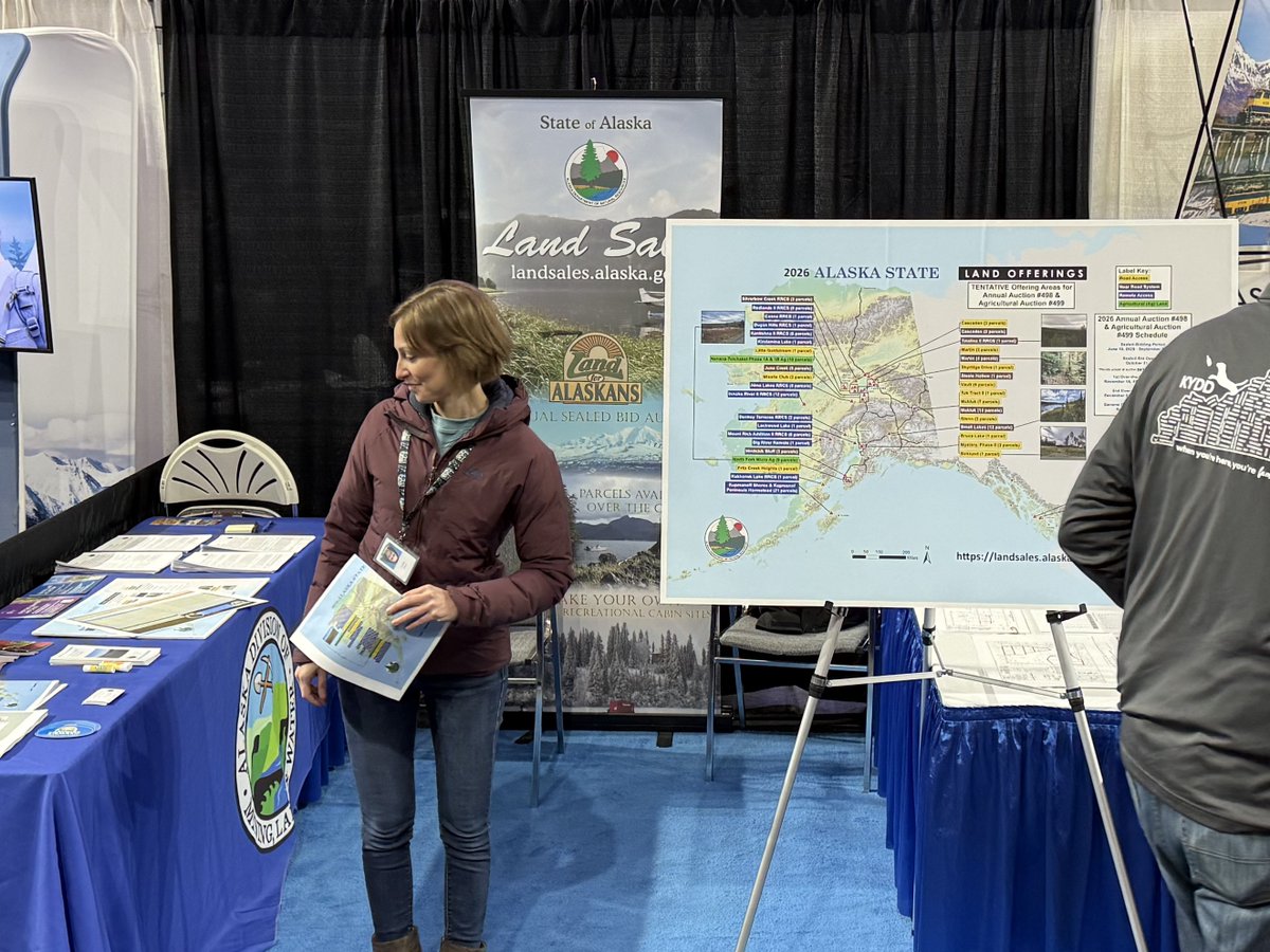 AlaskaLand4Sale's tweet photo. This weekend, the Land Conveyance Section is at the Great Alaska Sportsman Show, and it's back at the Sullivan Arena in Anchorage! Stop by to preview our 2026 land offerings, including agricultural lots! The event runs Friday until 7pm, Saturday 10am-7pm, and Sunday 10am-5pm. https://t.co/fBc7jjWSUn