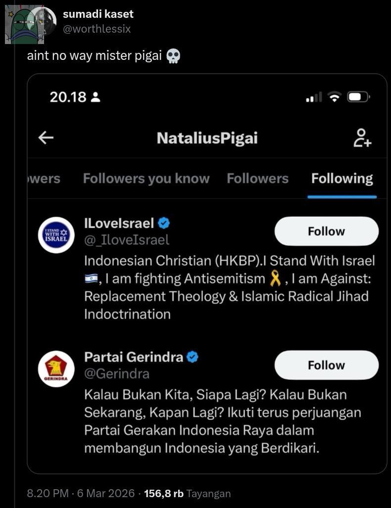 💚 demi apa Menteri HAM Natalius Pigai ngefollow akun Zionist Islamfobia di X 😭😭😭 bayangin lu menteri HAM tapi malah follow akun pro genosida