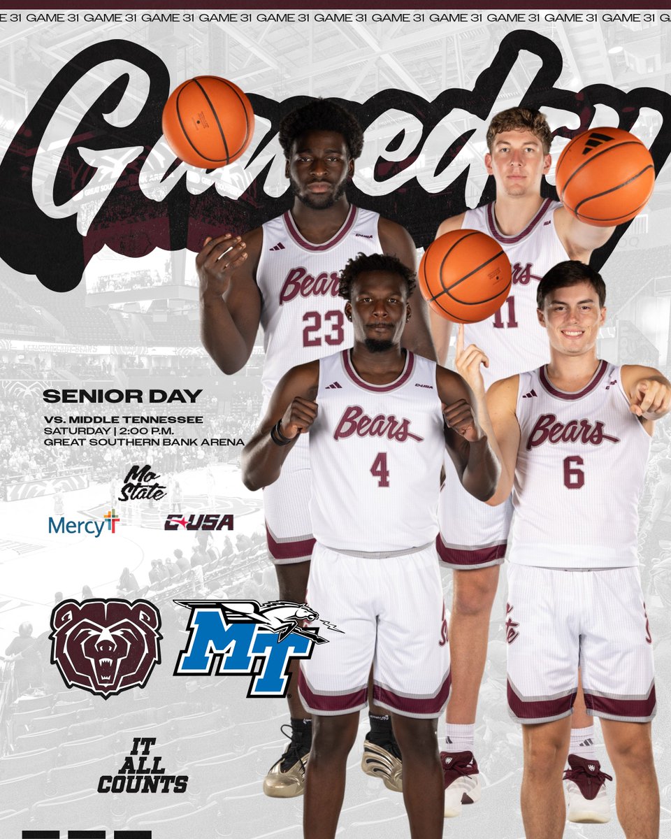MoStateMBB's tweet photo. GAMEDAY!!!    
Senior Day and Home Finale! Let's Go Bear Nation!
🆚 Middle Tennessee
📍Great Southern Bank Arena
🕑2:00 p.m.
🎟️ Tickets https://t.co/6lAgJ8xSeT
📺 ESPN+ https://t.co/adRoQ8WwTT
📻 Varsity App https://t.co/oO5EucAjbJ 
📈 Live Stats https://t.co/vSGj4RVp05
📒 Game Notes https://t.co/KP5bMST0F6

#ItAllCounts
