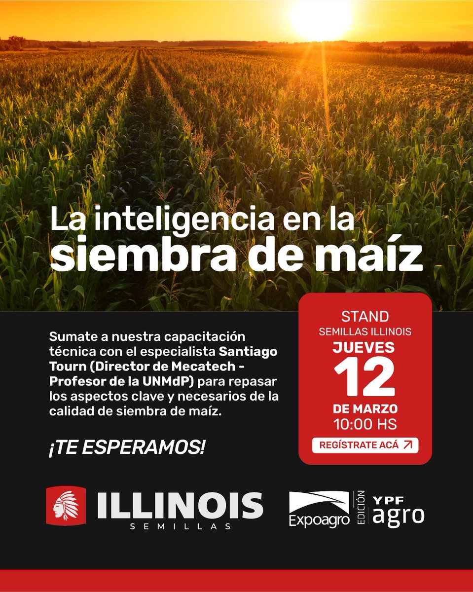 ingpele's tweet photo. #ILLINOISENEXPOAGRO 🌽 
¿Tu sembradora está sembrando rinde o solo tirando semillas? 🌽 Un error en la profundidad o en el espaciamiento hoy es una perdida que no recuperas mas. Sumate a nuestra charla sobre calidad de siembra con el especialista @SantiagoTourn 
Los esperamos!! https://t.co/M4Ru8w9PlN