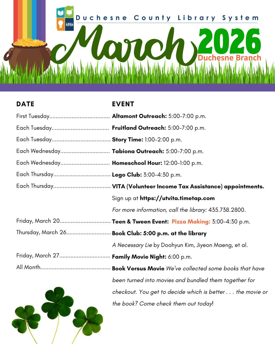 DuchesneLibrary's tweet photo. March library happenings! https://t.co/e8aBnPdA4I