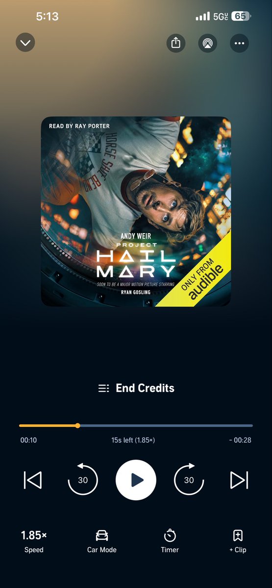 GaryMorris_'s tweet photo. Such an outstanding listen!  It’s crazy how Andy Weir makes you feel like you understand all of the science happening in the book!#projecthailmary https://t.co/h2h98l9idH