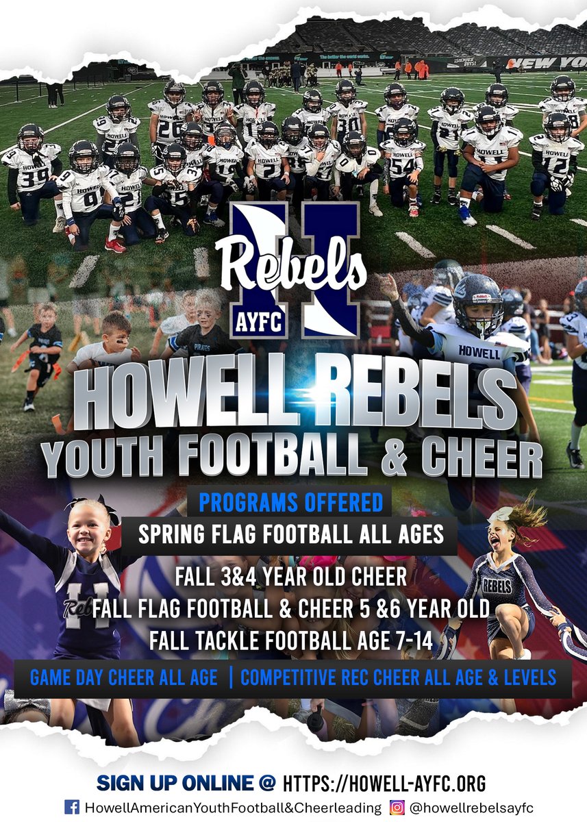 HowellAYFC's tweet photo. Registration for the fall is now OPEN  Join our football &amp; cheer program today!! Sign up early &amp; take advantage of payment plans while securing your spot on one of our elite teams! https://t.co/sZr6bsjXBS