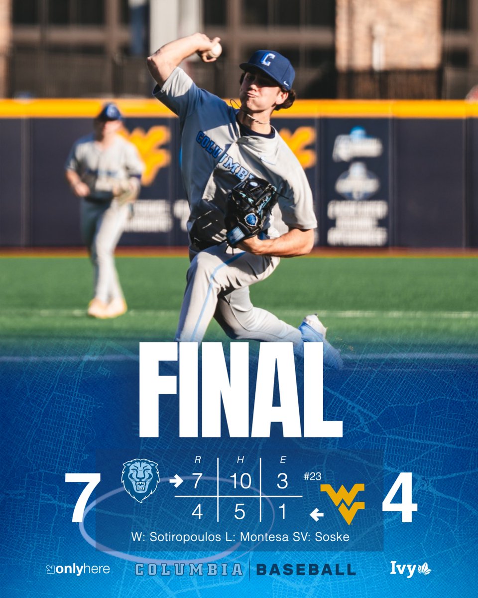 LIONS WIN!!!

Columbia uses a five-run second inning and strong pitching by Alex Sotiropoulos, Evan Kleinhans, Baylor Hicks, and Payton Soske to defeat #23 West Virginia!

#RoarLionRoar🦁 // #OnlyHere🗽