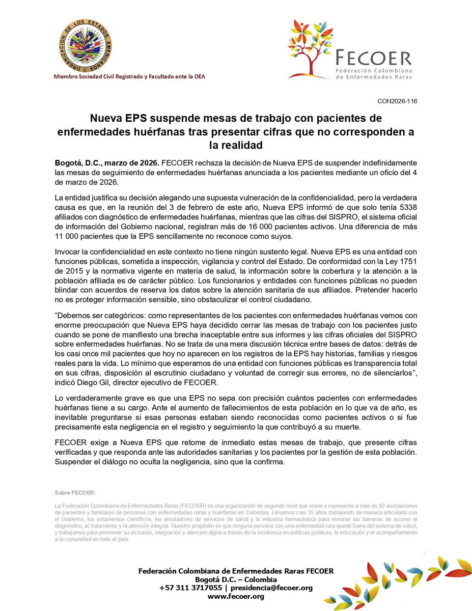 EL CASTIGO DE NUEVA EPS: esta semana publiqué que hoy la Nueva Eps solo atiende a 5 Mil pacientes de los más de 16 MIL  afiliados que tiene, como represalia, la entidad suspendió las mesas de trabajo con pacientes de enfermedades huérfanas, alegando violación de confidencialidad.