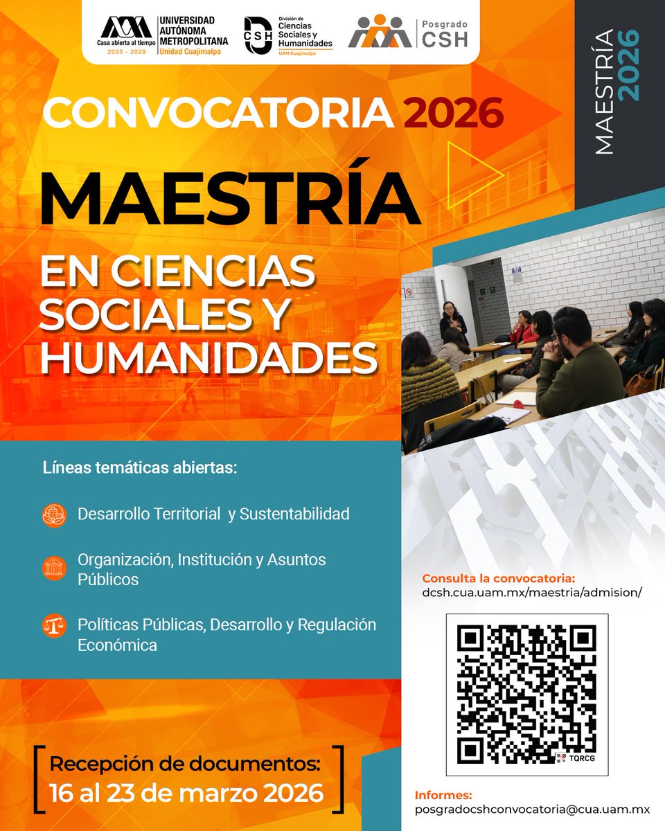 lauammx's tweet photo. 📣 ¿Quieres generar conocimiento con impacto social? La Maestría en Ciencias Sociales y Humanidades te invitan a desarrollar investigación crítica e interdisciplinaria.

🔗 Consulta la convocatoria: https://t.co/yCiepzcKxZ

#SoyUAM #PosgradosUAM #LíderEnConocimiento
#UAMCuajimalpa @uamcuajimalpa