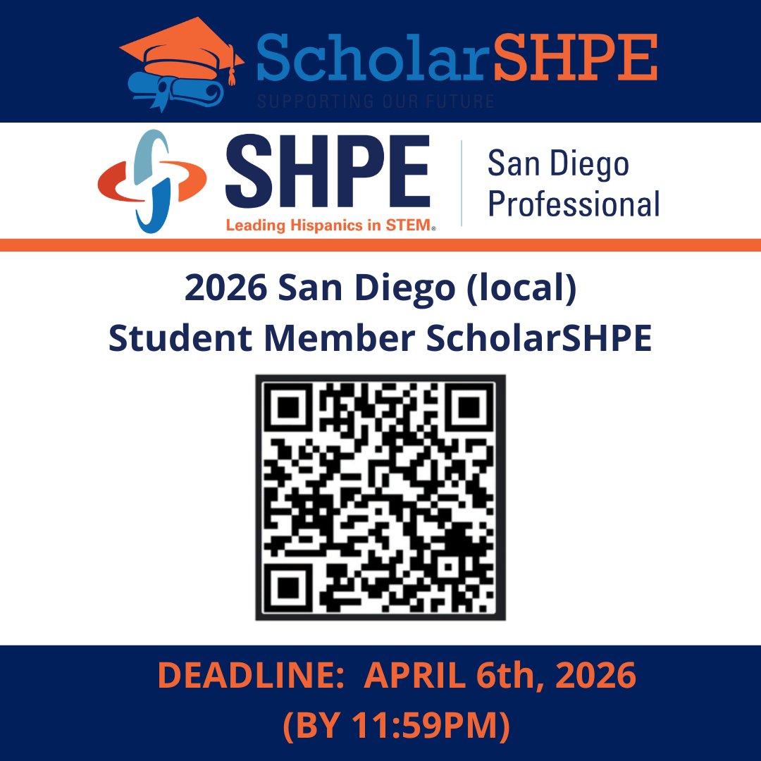 SHPE San Diego Professional is excited to announce that our 2026 scholarships are now open!

If you’re a SHPE student member in the San Diego area, we encourage you to apply and take advantage of this opportunity to invest in your future.
Apply here:
shpesd.org/scholarships