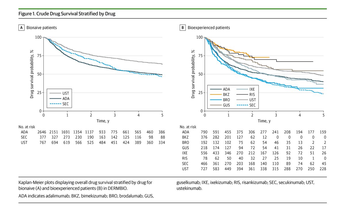 JAMADerm's tweet image. Among bionaive patients with #Psoriasis in Denmark, ustekinumab had superior drug survival compared with adalimumab and secukinumab over 5 years. ja.ma/4qICU0i