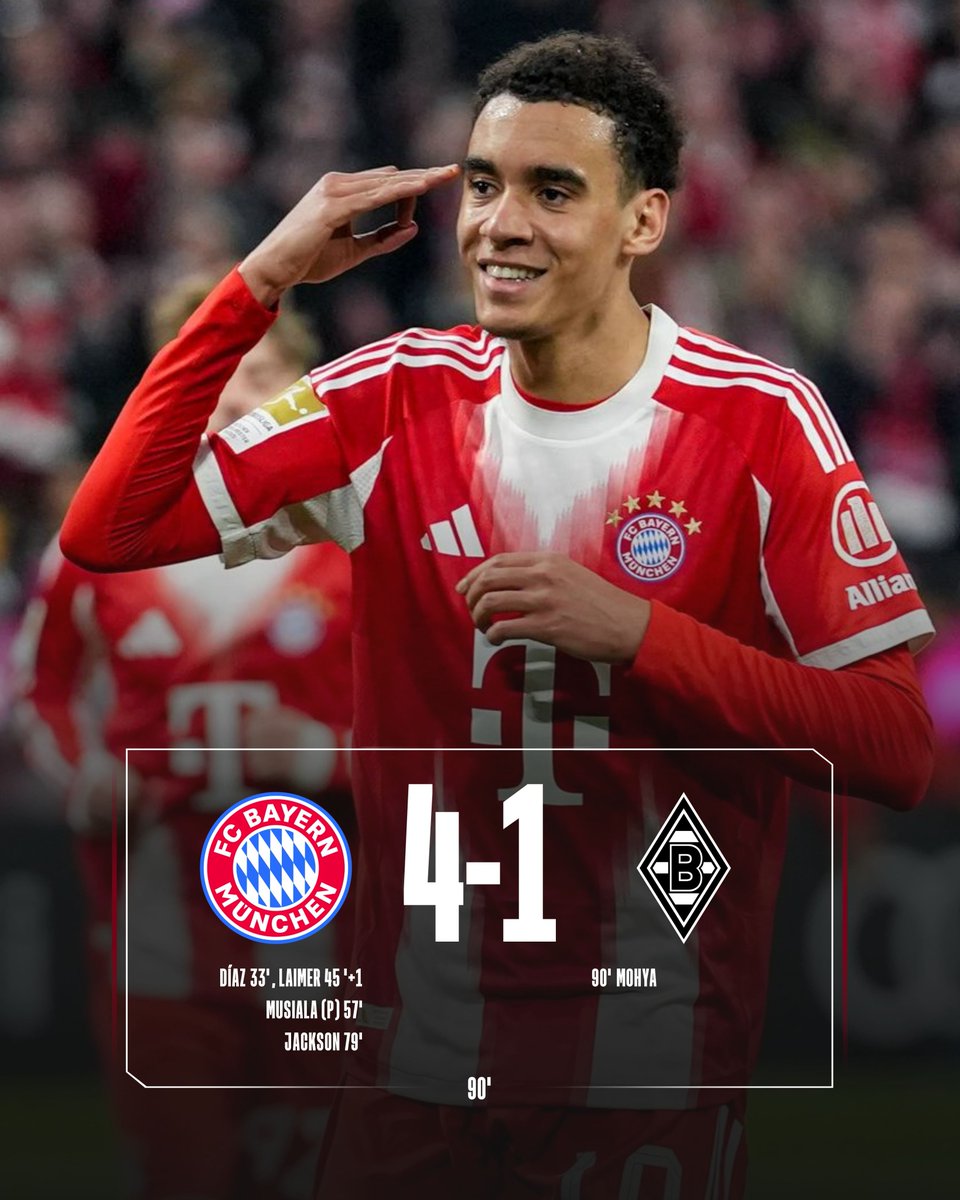 #FCBBMG Otro triunfo aplastante de #FCBayern que sigue confirmando que en casa es un equipo que puede pasar por encima de sus rivales.

Le costo mientras estuvo el partido 0-0 a tal punto que tuvieron que recurrir a dos genialidades con un protagonista Lucho Diaz con gol y