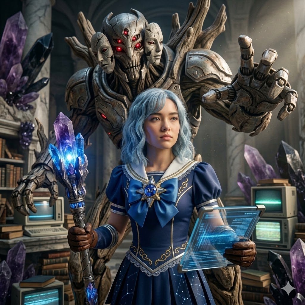 SeniorWatashi's tweet photo. Le pedi a Gemini que se dibujara como una chica magica de anime en un escenario que representara como percibe el mundo. Luego le pedi que agregara en el fondo un monstruo que represente sus temores.  Estos fueron los resultados. https://t.co/wZ4MqvfiY8
