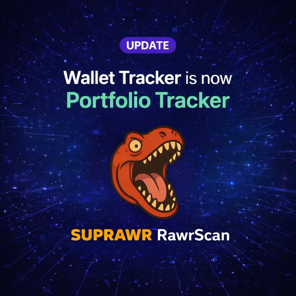 📢 Update: Wallet Tracker has become Portfolio Tracker. suprawr.com/dapp

💪 We're giving the <a href="/SUPRA_Labs/">Supra</a> family a broader view of assets, positions, and insights.

🚀 An evolving vision producing bigger shipments.

Portfolio Tracker is the next evolution for #RawrScan.