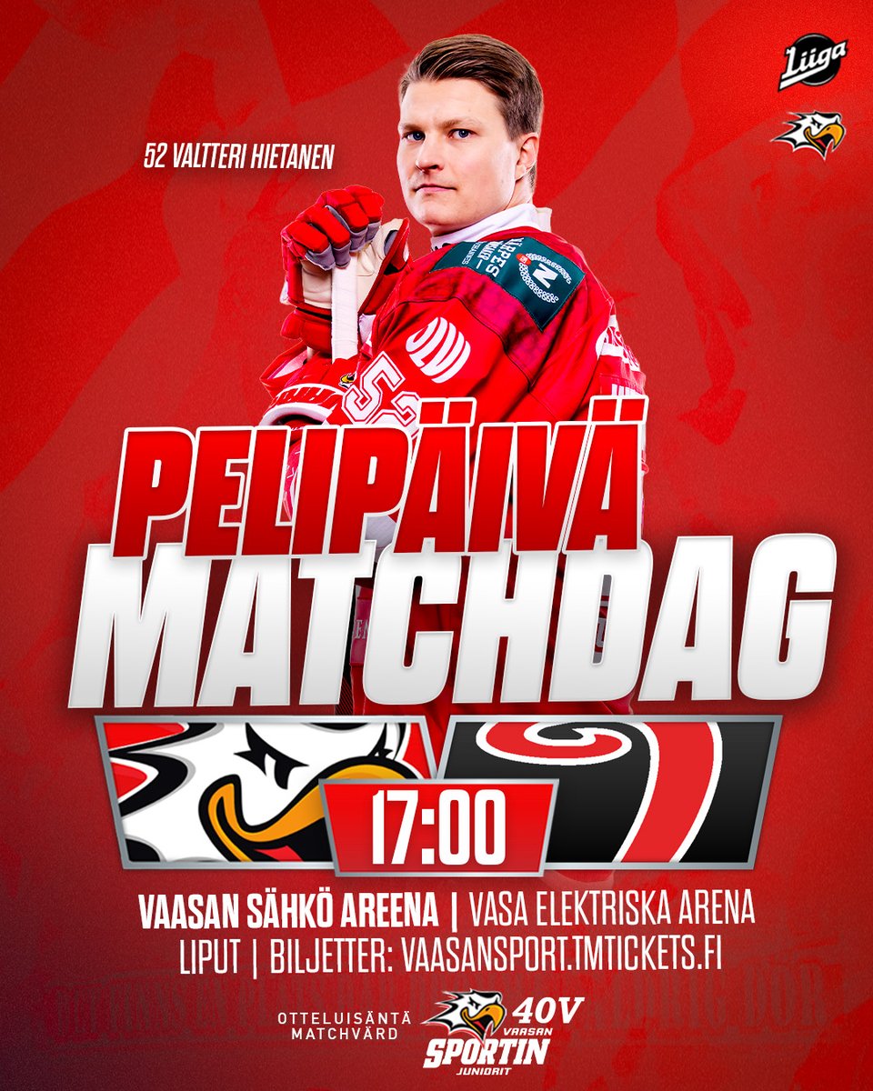 VaasanSport's tweet photo. PELIPÄIVÄ ON TÄNÄÄN HIETSUN PÄIVÄ!❤️🤍 Tule mukaan juhlistamaan Valtteri Hietasen upeaa uraa sekä Vaasan Sportin junioreiden 40-vuotista taivalta tänään Vaasan Sähkö Areenalle! 

🏒 Sport-JYP 17:00 (ovet 16:00)
Otteluisäntä: Vaasan Sportin juniorit ry.

#VaasanSport #Vaasa #Liiga https://t.co/IglMoKi48C