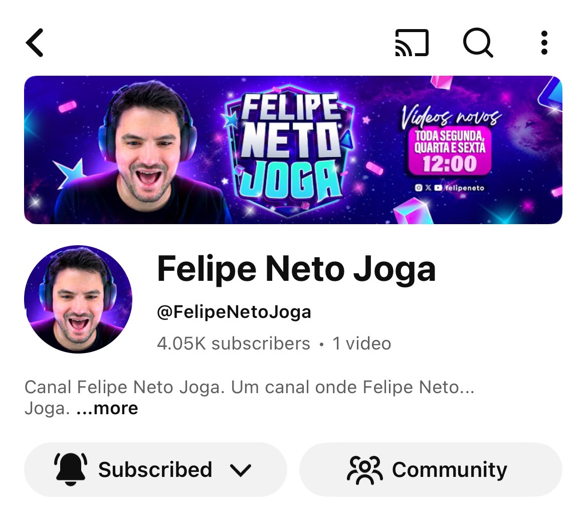 Inimigo do descanso, o <a href="/felipeneto/">Felipe Neto 🦉</a> lançou oficialmente o canal apenas para gameplays! 

📌 Corre pra se inscrever antes dos 10 mil: youtube.com/@felipenetojog…