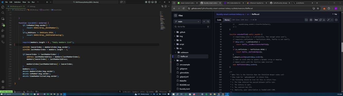 Jonathan_W3b's tweet photo. Day 24 of my Smart Contract Security Researcher journey 🔐
Today I learned about gas-efficient array removal using swap and pop.
Without shifting the entire array  you swap the element to remove with the last one and then pop() the array.

#SmartContracts #Foundry https://t.co/jyJMOhm5sG