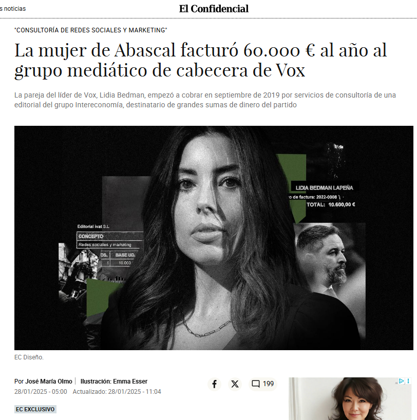 Ahora dicen que VOX destituyó a Antelo por gestiones para beneficiar a su esposa, él lo niega.
Algo que no pudo negar Abascal cuando pillaron a su esposa cobrando 60.000 euros al año del entramado de chiringuitos que montó con Ariza y Méndez Monasterio (26000 euros al mes)
