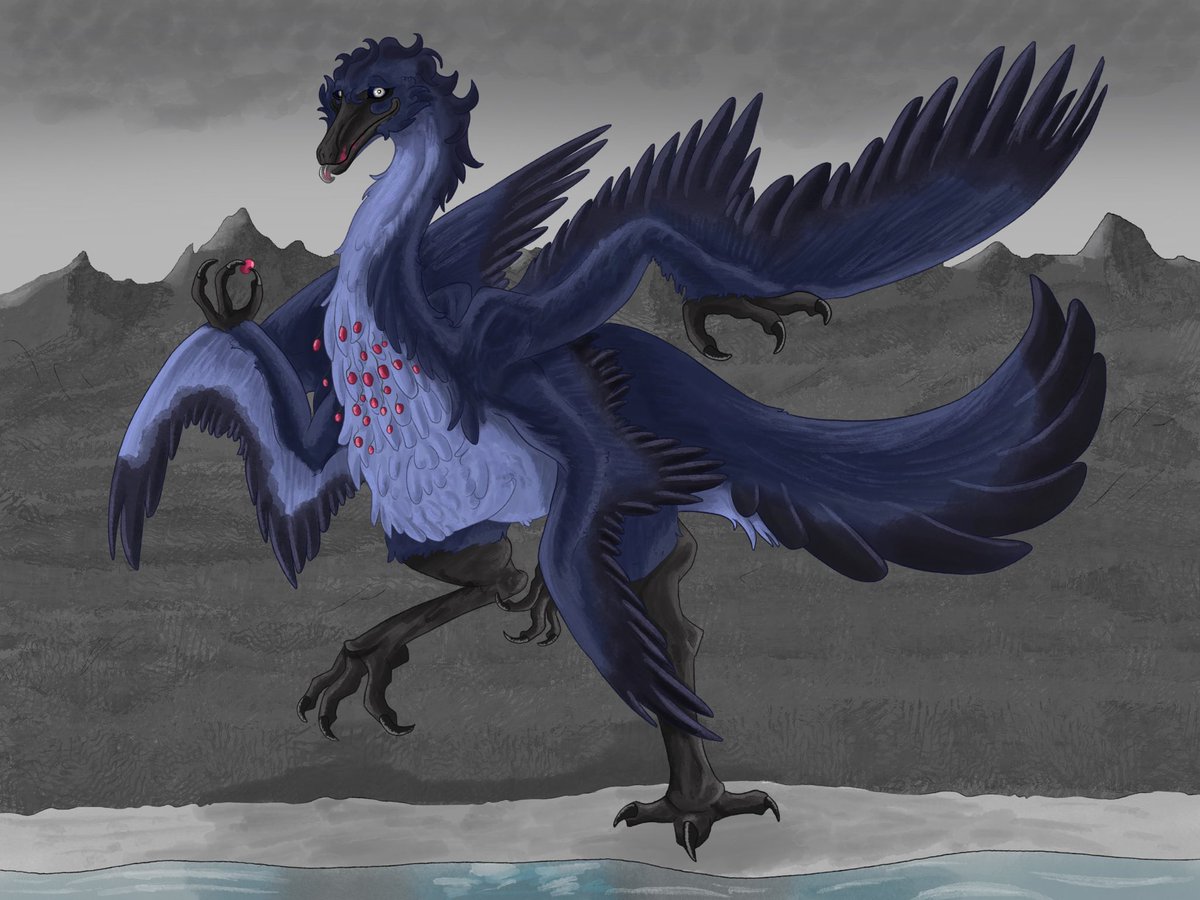 Volantis, the Eternal Wind. Gallimimus God of wind, speed, liminality, purgatory, and the wretched. He hides fermented berries in his pelt and enjoys eating them.

#dinosaurs #paleotwt #paleoart