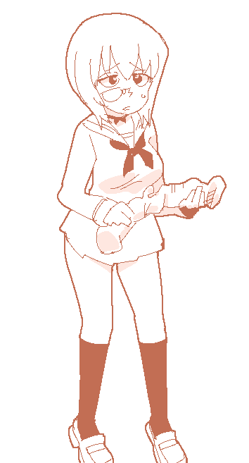 巨大な何かを手に困惑する桃ちゃん 