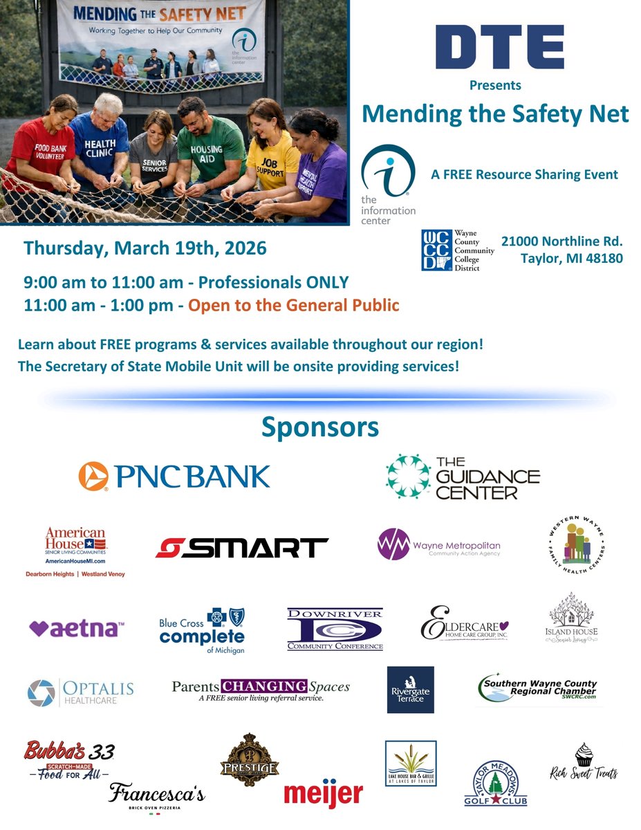 TheInfoCenter's tweet photo. Don’t miss out on this year's must-attend event! 
Join us for one of the largest FREE resource-sharing gatherings in S.E. MI —Mending the Safety Net!

Wayne County-MDHHS, Zing Health, The Senior Alliance &amp; the Downriver Community Clinic have joined our list of sponsors! https://t.co/VlUHjEffej
