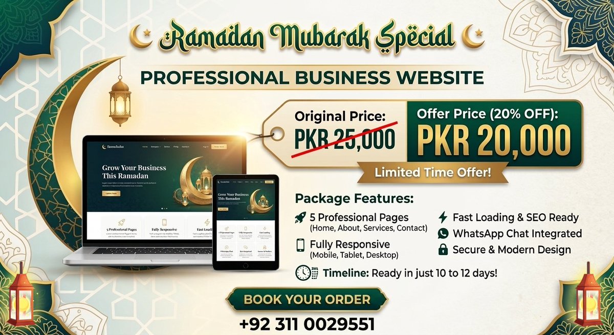 DONZAY17's tweet photo. Ramadan special offer 20% off in website designing. 
Order now: 03110029552

#BusinessGrowth #SocialMediaMarketing #DigitalMarketingPakistan #SMMA #LeadGeneration #SalesGrowth #MarketingStrategy #SmallBusinessSupport https://t.co/GUy73quMBI