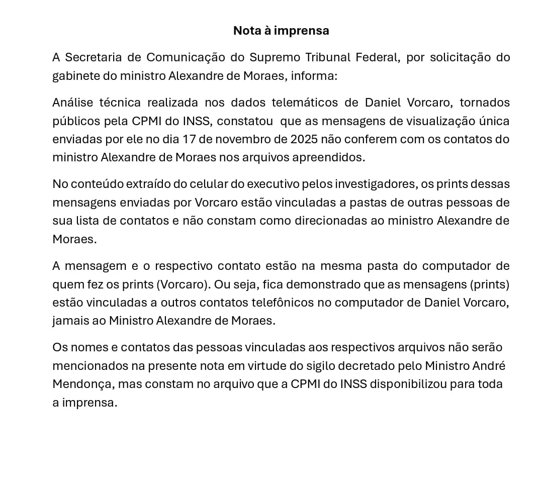 A explicação de Moraes para tentar se desvincular de Daniel Vorcaro complica Moraes ainda mais. E te explico aqui...

- Na nota, Moraes - pelo que se depreende do texto - argumenta que os prints das mensagens de visualização única estariam em posse da CPMI do INSS. No entanto, e