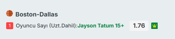 burcidovic's tweet photo. NBA için bir de bu gece bu bahsi aldım. 

Tatum 15+ atar 1.76 #Stake8 https://t.co/Phj4L0NOVt