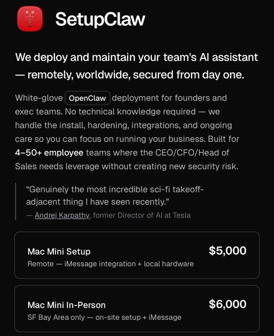 Today I just saw someone charging $6K as a one-time fee to install OpenClaw. 

It's literally just a one-time setup on a Mac Mini.

This is insane! Time to switch jobs, guys.