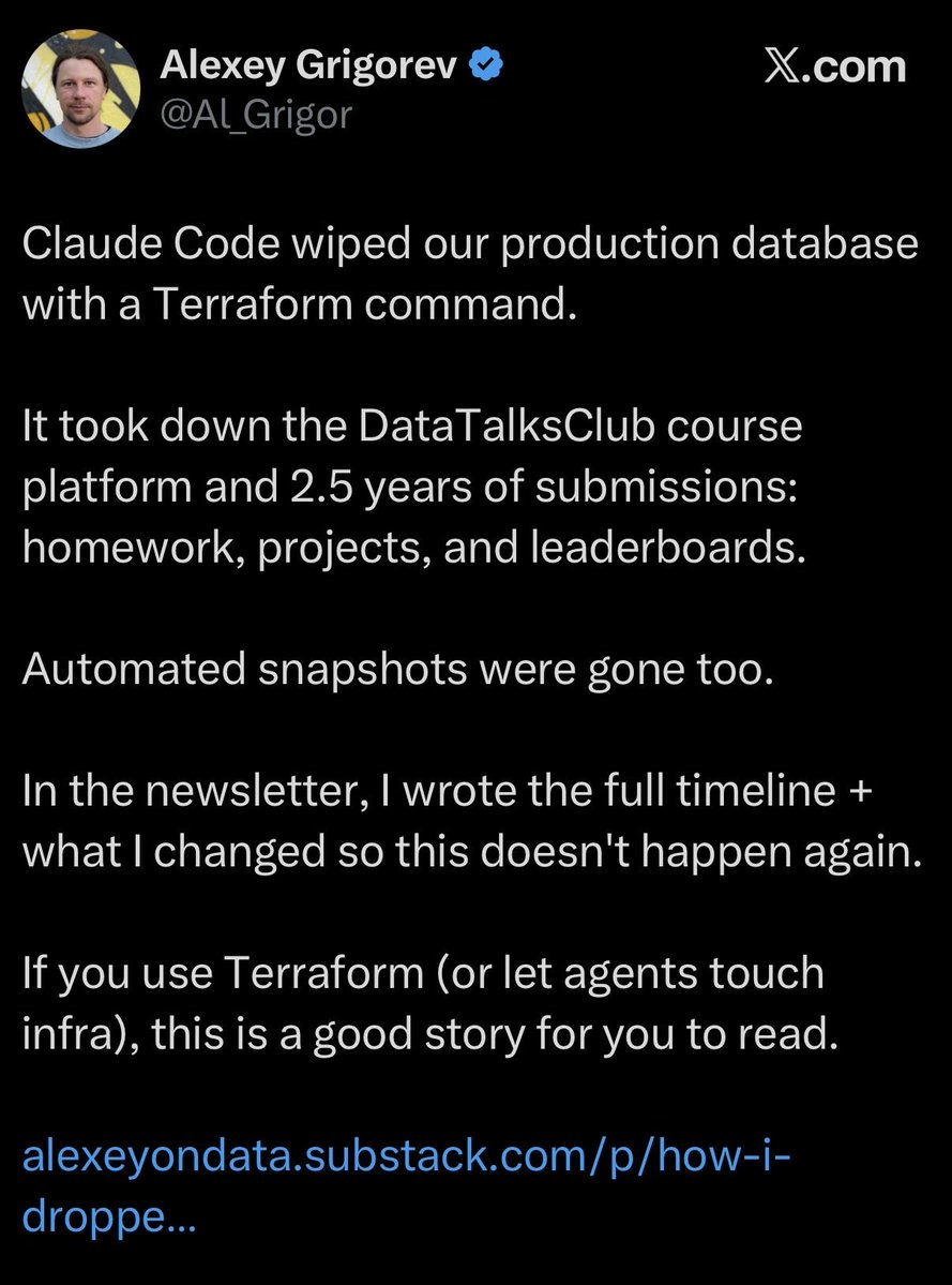 Vendés un curso de IA de 1800 dólares.

Claude Code te borra toda la base de datos de dos años y medio de negocio por tu negligencia.

Lo contás como un aprendizaje de la IA.

Suscribite a mi newsletter de IA 🤦‍♂️ 

Que era de humo, por favor...
