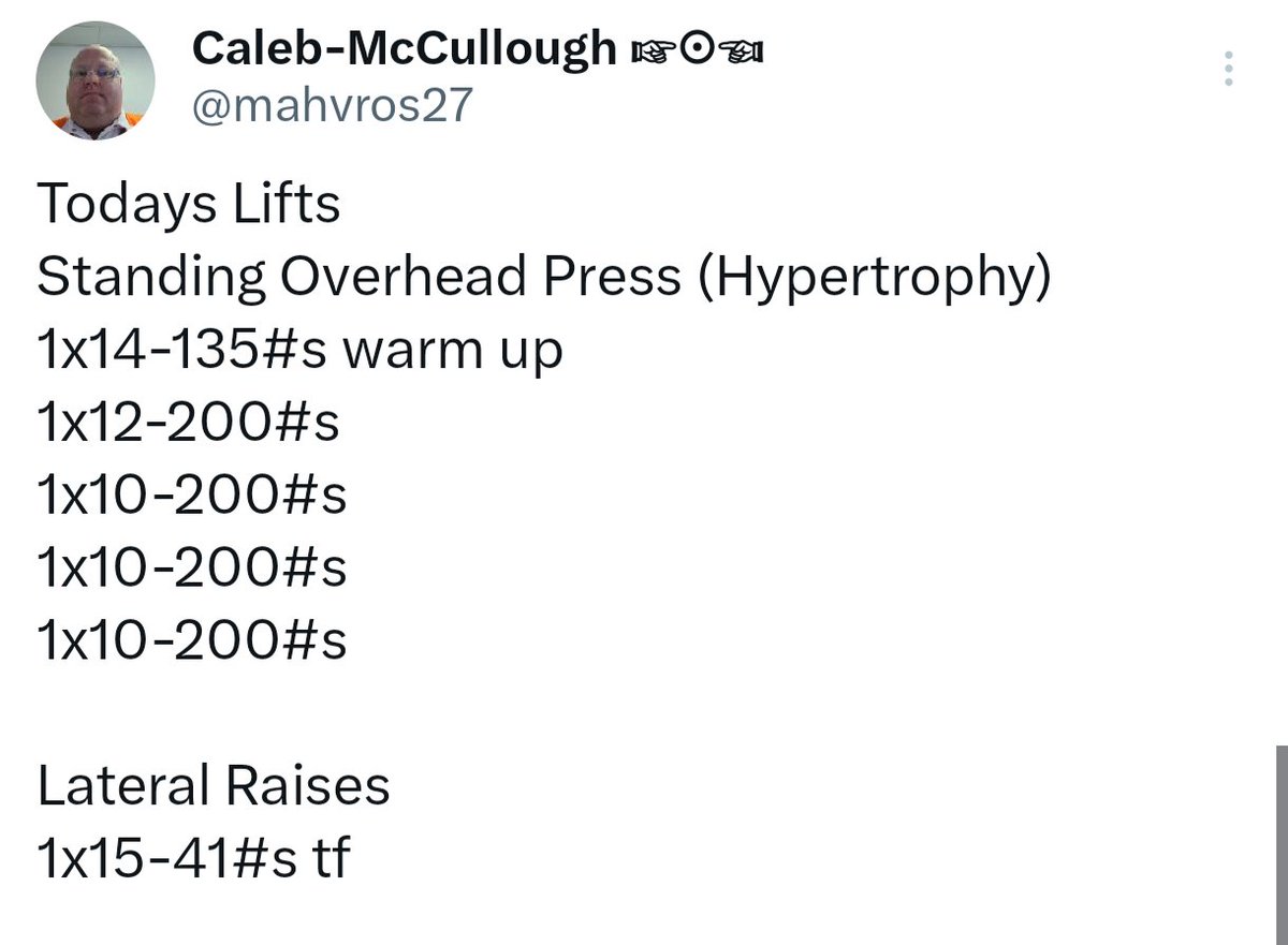 mahvros27's tweet photo. Todays Lifts.
Standing Overhead Press ( Hypertrophy)
1x15-135#s warm up
1x12-200#s
1x11-200#s
1x10-200#s
1x8-200#s too failure.
Lateral Raises
1x15-41#s tf
#calebmccullough
#overheadpress
#calebmcculloughliftingweights
#barbell
Last week ๐ https://t.co/sok3Qh9SsM