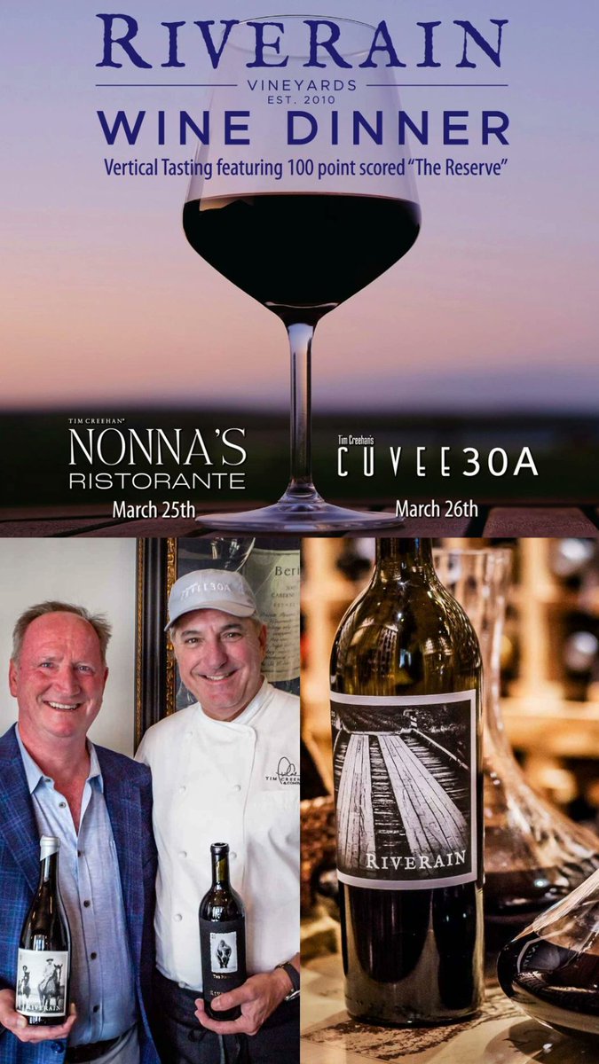 Join us March 25-26 for a pair of 5 course wine dinner events with @RiverainVineyards Dean Gray &amp; @ChefTimCreehan, featuring vertical pairings including their 100 point scored “The Reserve” <a href="/CuveeDestin30A/">Cuvee 30A</a> 

Tickets: Cuvee30A.com/Riverain26
#Cuvee30A #30A #Riverain #WineDinner