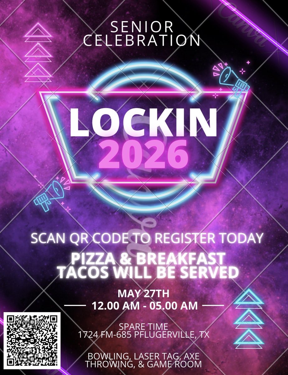 Seniors, this one’s for YOU!
Celebrate graduation with an all-night lock-in full of food, games, and friends at Spare Time! Parents can feel great knowing it’s a free, safe, supervised celebration. Scan the QR code to RSVP and guarantee a prize today!