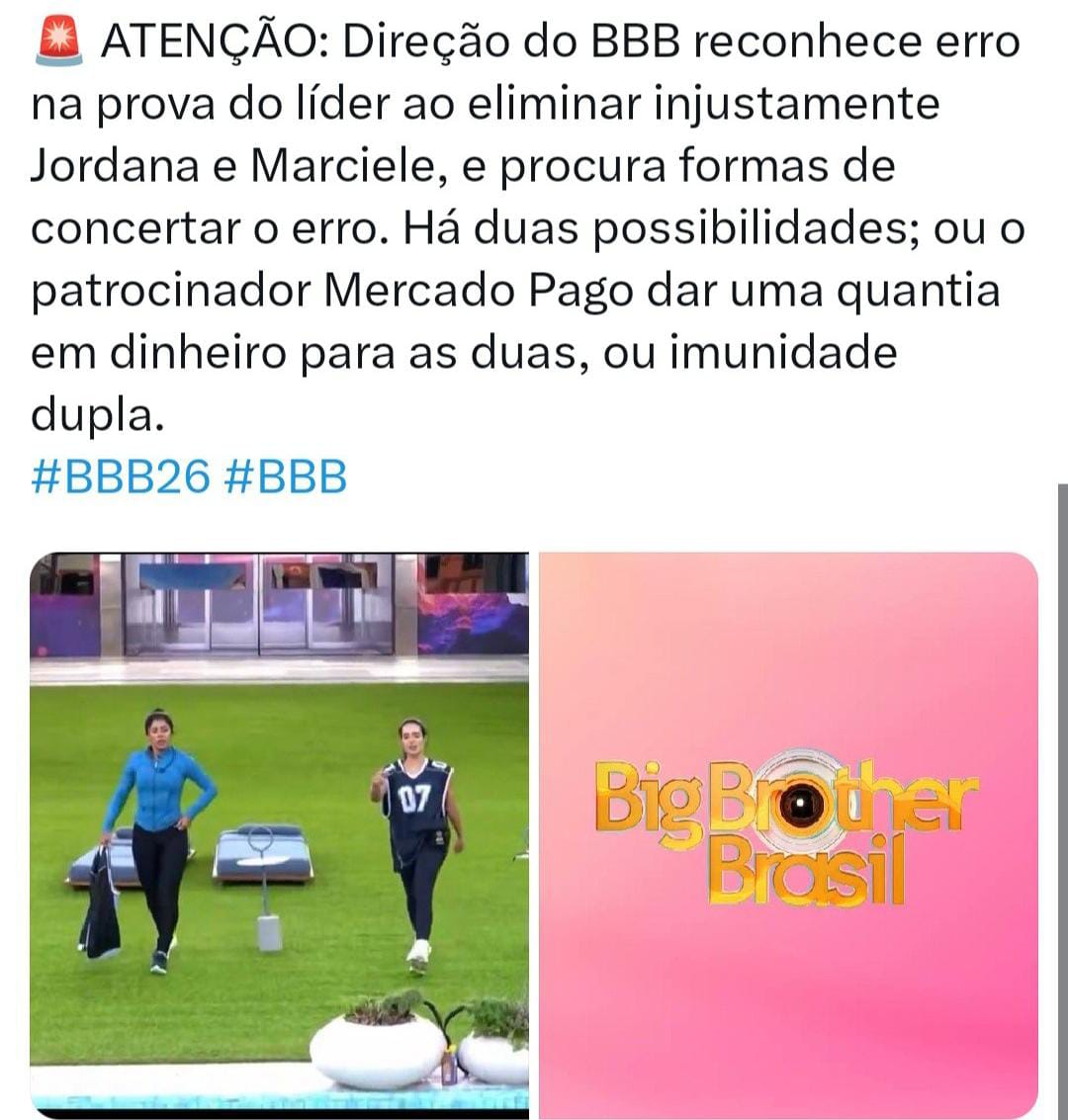 Cara eu tô com muita dó da Marciele Jordana, você perder por conta própria é uma coisa, agora por injustiça é complicado demais, imagina se uma das duas é eliminada terça feira, que porra de injustiça do karai que seria, tomara que a produção de imunidade pra elas mesmo. #BBB26