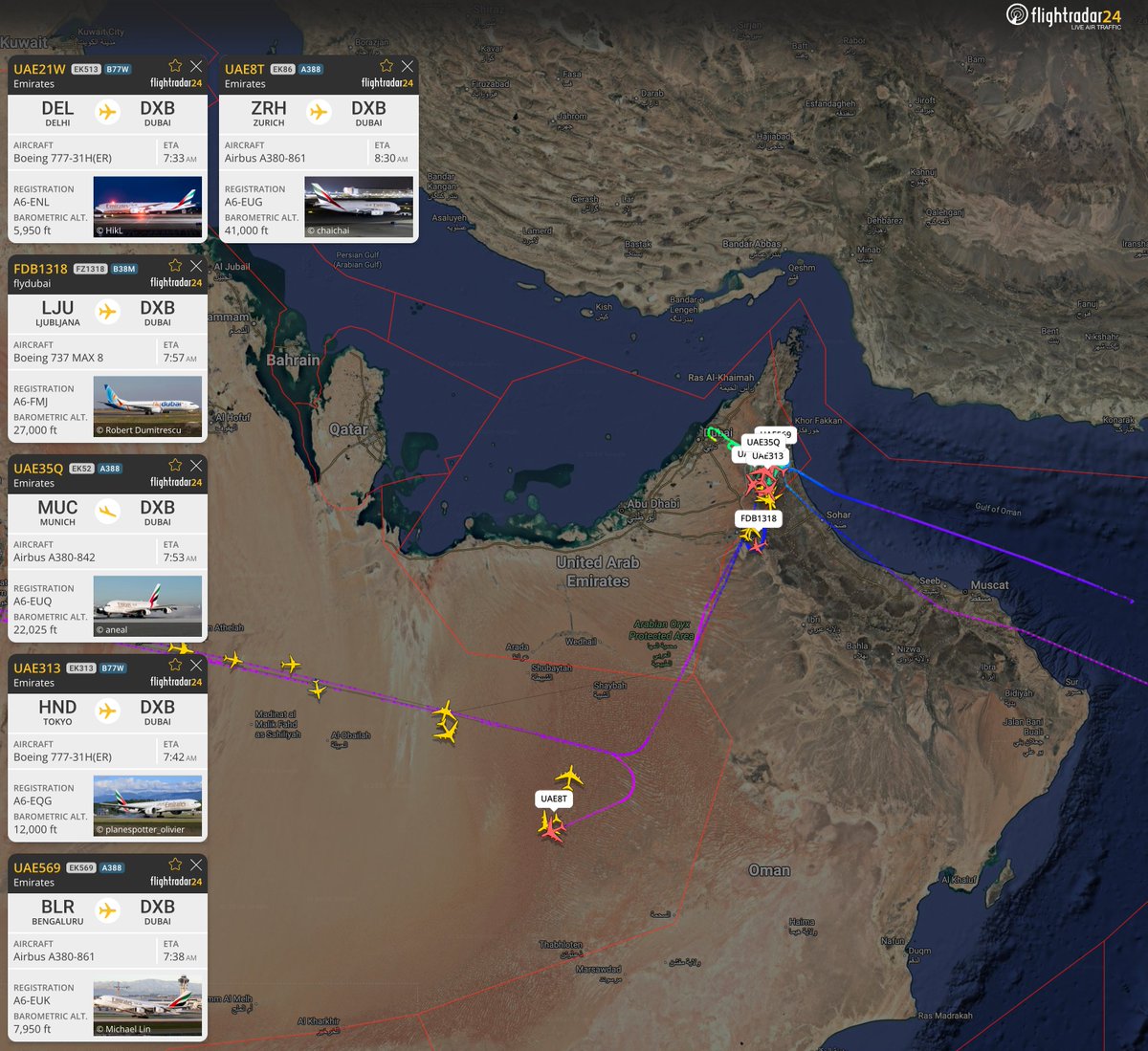 flightradar24's tweet photo. Flights bound for Dubai are holding after a reported drone/missile strike in close proximity to the airport. https://t.co/Xv8JfcamE6 https://t.co/Q41IirIJCV