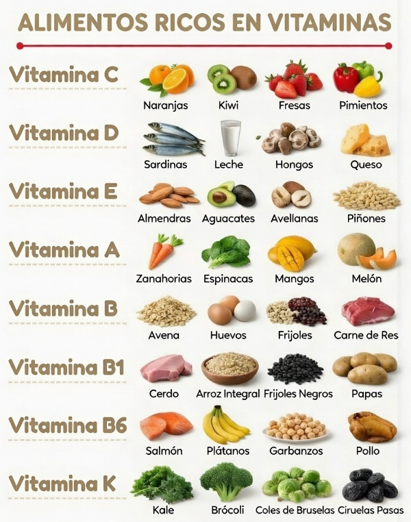 VirtudMental's tweet photo. ALIMENTOS RICOS EN VITAMINAS

Vitamina C

Naranjas
Kiwi
Fresas
Pimientos

Vitamina D

Sardinas
Leche
Champiñones
Queso

Vitamina E

Almendras
Aguacates
Avellanas
Piñones

Vitamina A

Zanahorias
Espinacas
Mangos
Melón

Vitamina B

Avena
Huevos
Frijoles
Carne de res

Vitamina B1

Cerdo
Arroz integral
Frijoles negros
Papas

Vitamina B6

Salmón
Plátanos
Garbanzos
Pollo

Vitamina K

Col rizada
Brócoli
Coles de Bruselas
Ciruelas pasas