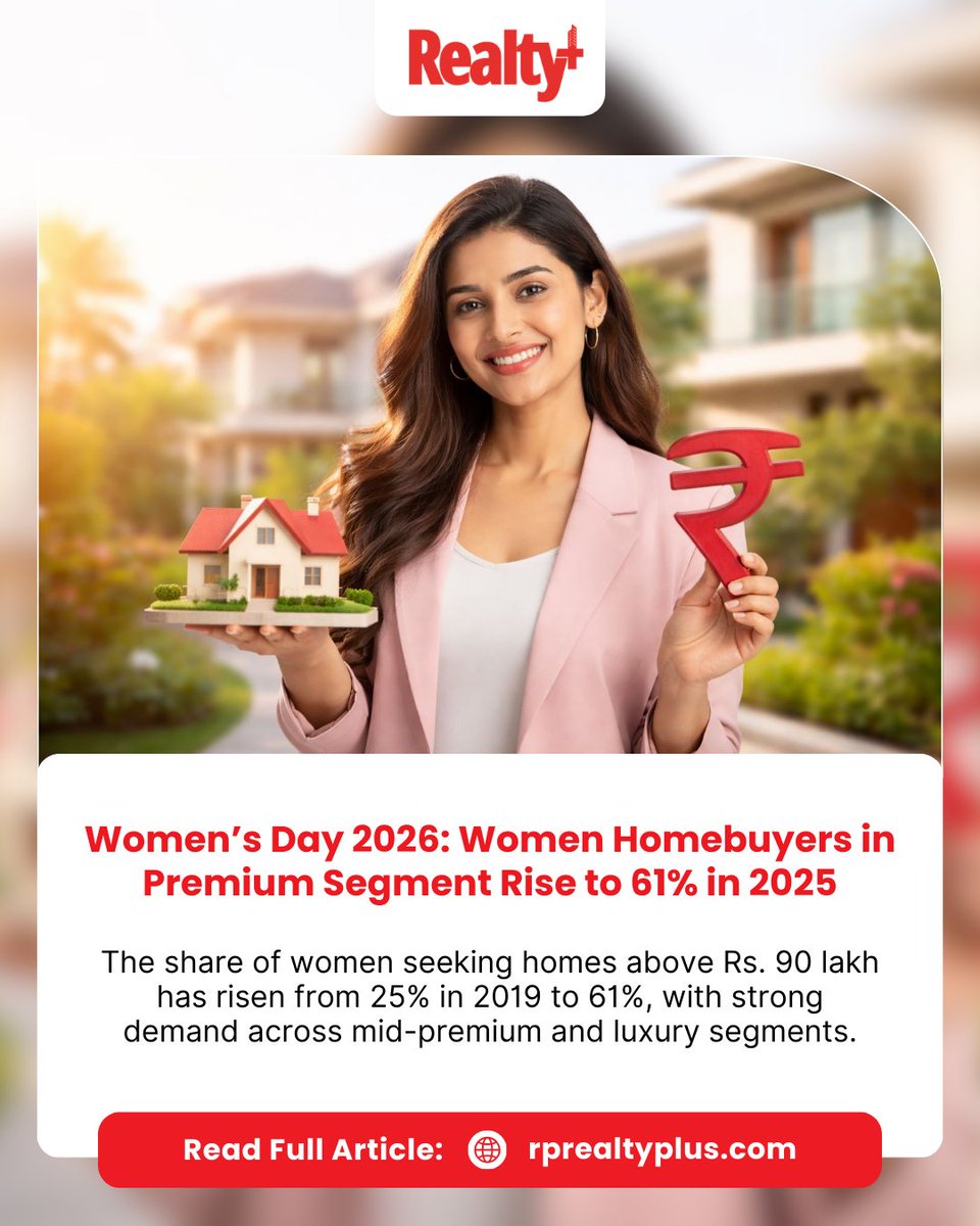 RPRealtyPlus's tweet image. On the occasion of International Women’s Day 2026, new industry insights highlight the growing influence of women in India’s housing market.

Read more: rprealtyplus.com/news-views/wom…

#WomensDay2026 #WomenHomebuyers #RealEstateTrends #PremiumHousing #WomenInvestors #RealEstateIndia
