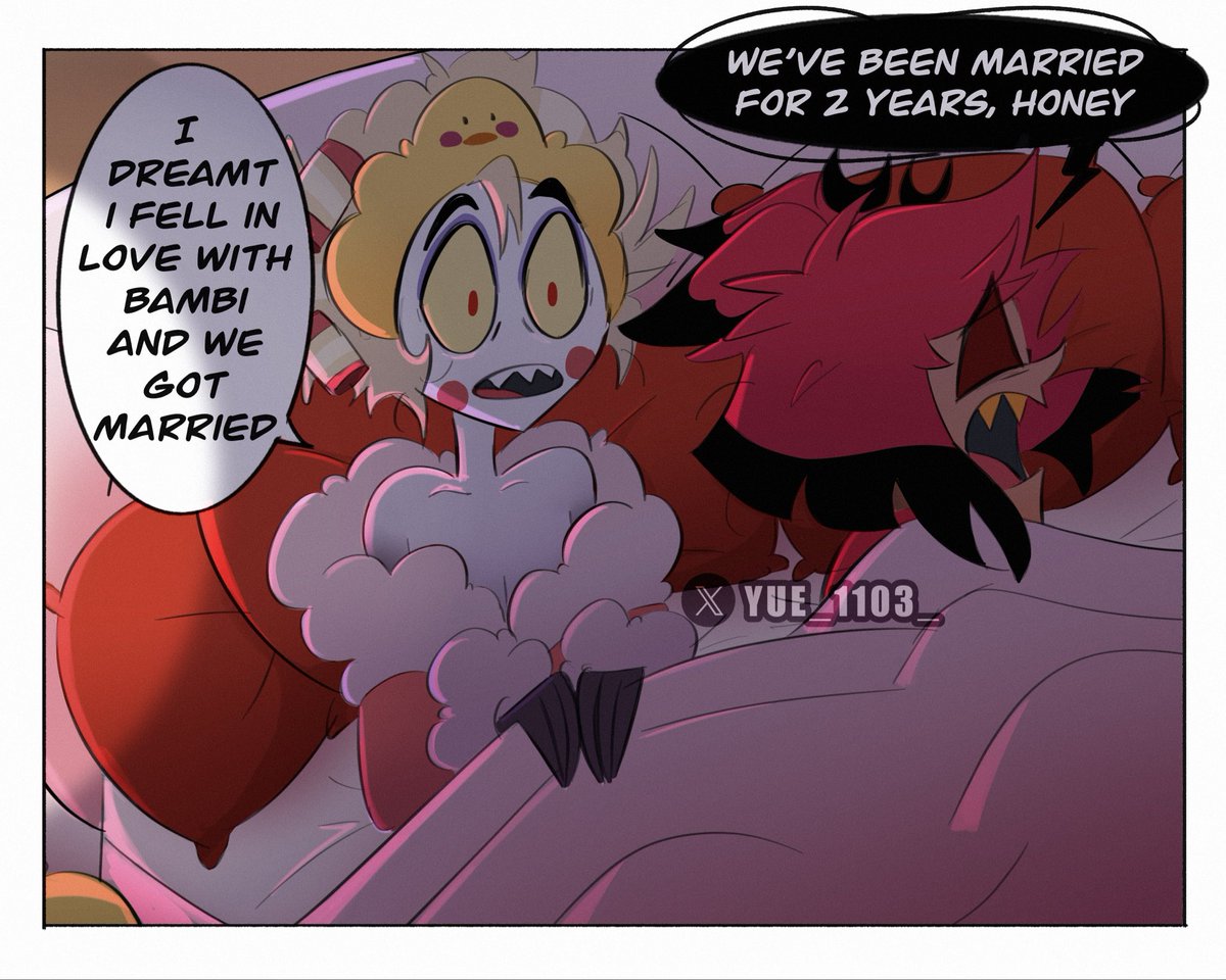 🍎: huh?! 
🦌: just go back to sleep… 💤 

#bambilu #alastor #lucifer #hazbinhotel #radioapple