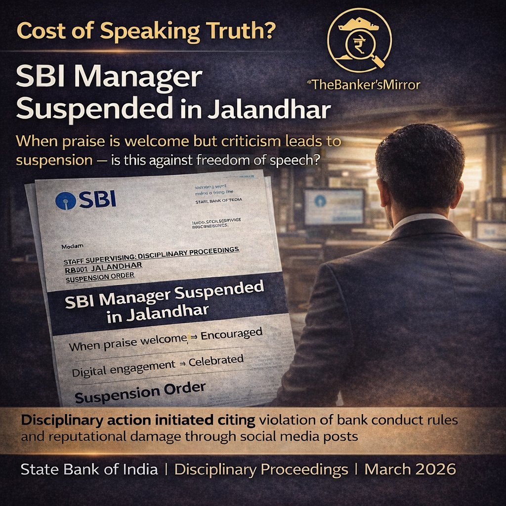 Cost of Speaking truth?

SBI Manager Suspended in Jalandhar
When praise is welcome, but criticism leads to suspension — is this against freedom of speech?

In modern banking:
Customer feedback → encouraged
Digital engagement → celebrated
But when an employee speaks on social