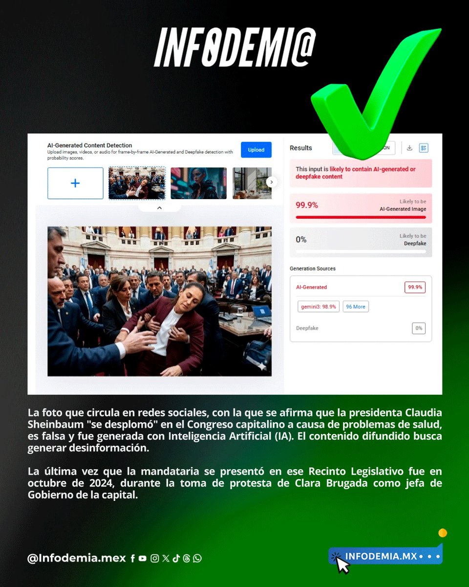 ❌ Falso que la presidenta Claudia Sheinbaum "se desplomó repentinamente" en el Congreso de la Ciudad de México

✅ La foto que circula en redes sociales, con la que se afirma que la presidenta Claudia Sheinbaum "se desplomó" en el Congreso capitalino a causa de problemas de