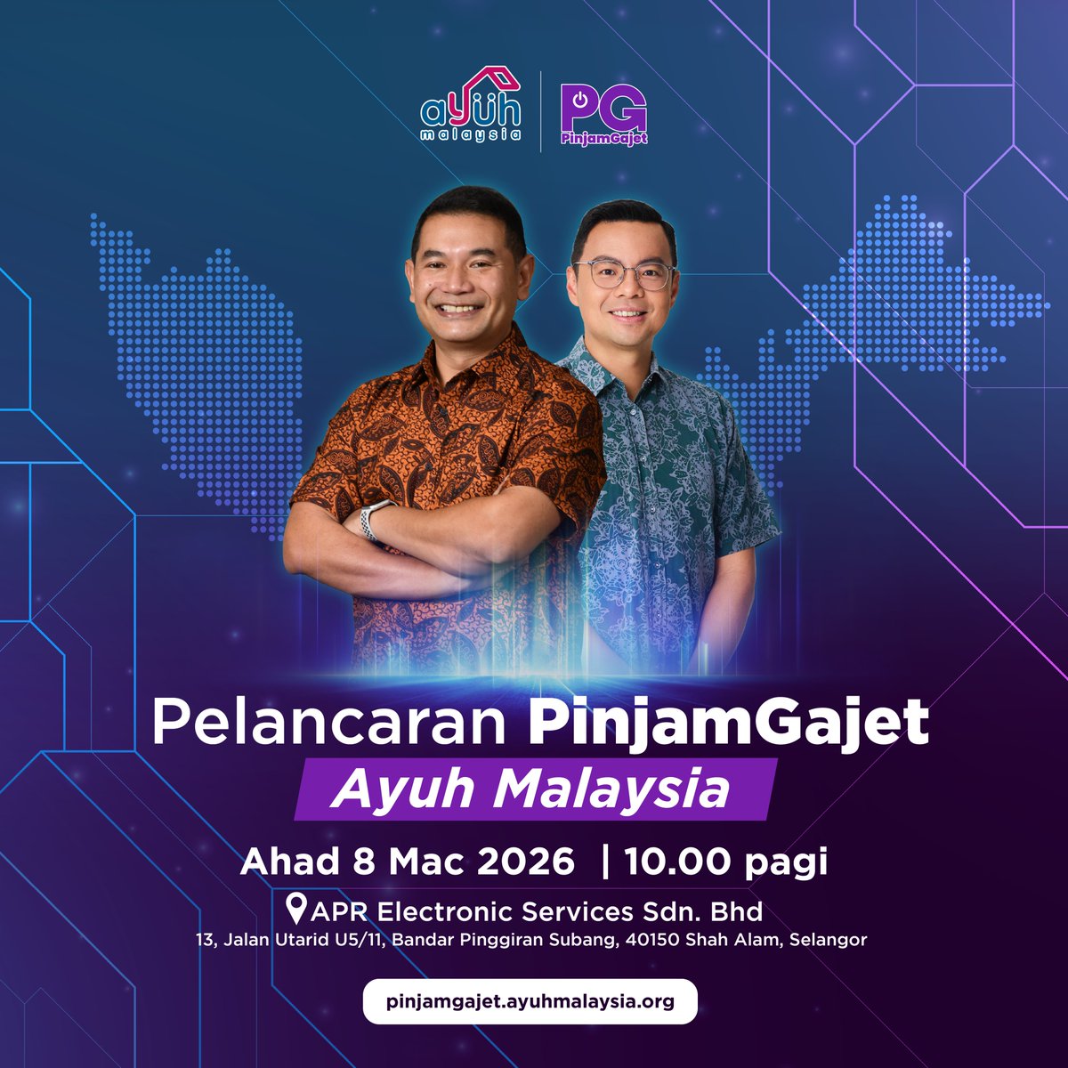 rafiziramli's tweet photo. 𝗣𝗘𝗟𝗔𝗡𝗖𝗔𝗥𝗔𝗡 𝗣𝗜𝗡𝗝𝗔𝗠𝗚𝗔𝗝𝗘𝗧 - 𝗦𝗔𝗧𝗨 𝗟𝗔𝗚𝗜 𝗜𝗡𝗜𝗦𝗜𝗔𝗧𝗜𝗙 𝗗𝗜 𝗕𝗔𝗪𝗔𝗛 𝗔𝗬𝗨𝗛 𝗠𝗔𝗟𝗔𝗬𝗦𝗜𝗔

Inisiatif ketiga di bawah Ayuh Malaysia iaitu PinjamGajet akan dilancarkan esok, 8 Mac 2026.

PinjamGajet adalah satu inisiatif yang membolehkan orang awam menderma gajet elektronik terpakai seperti komputer riba (laptop) yang akan dibaik pulih yang kemudiannya akan disewakan kepada pengguna pada kadar RM10 sebulan. 

Memahami barangan seperti laptop adalah satu keperluan hari ini baik di universiti mahupun sekolah, Ayuh Malaysia ingin merapatkan jurang digital dengan membolehkan akses kepada gajet elektronik yang mampu dimililki oleh seramai boleh keluarga di Malaysia.

Untuk mengetahui dengan lebih lanjut inisiatif PinjamGajet ini, saya ingin menjemput semua untuk hadir beramai-ramai ke pelancaran PinjamGajet pada ketetapan berikut:

Hari: Ahad, 8 Mac 2026
Masa: 10 pagi
Tempat: APR Electronic Services 13, Jalan Utarid U5/11, Bandar Pinggiran Subang, 40150 Shah Alam, Selangor

🔗 Pautan Lokasi:
https://t.co/n6k8WDwhsO 

Pelancaran ini juga akan menampilkan kelas asas membaiki laptop serta ruang khas untuk orang ramai menyumbangkan laptop terpakai bagi membantu memperluaskan manfaat kepada komuniti.

Maklumat lanjut berkenaan PinjamGajet boleh dilayari di pautan ini: https://t.co/MKLr9LldkQ 

Saya juga memohon kepada mereka yang ingin hadir untuk turut mengisi maklumat lanjut di pautan ini bagi tujuan logistik dan persediaan: https://t.co/Rt4CYsll8n 

Pelancaran PinjamGajet juga akan disiarkan secara langsung (LIVE) di platform media sosial saya.