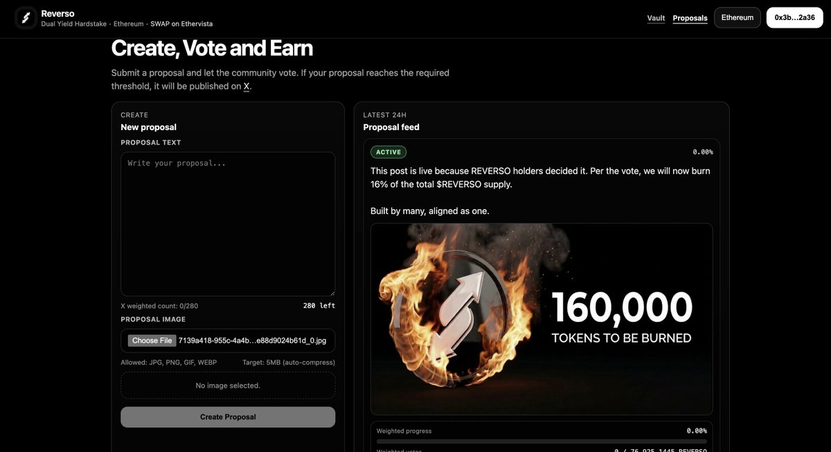 🔳🪄 The first REVERSO proposal is now live: reverso.fun/reverso

If you support it, click Vote. Once 40% of stakers vote, it will be auto-published to this X account.

REVERSO’s fate is in your hands. A major decision is being made. Voting closes in 24h. 🔁