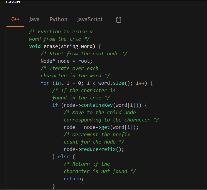 SidTechX's tweet photo. Hi @takeUforward_  @striver_79 

Found a possible edge-case bug in the Trie erase() implementation.

https://t.co/DXcm8DJeld

The bug is -> https://t.co/k25DdfNwDd