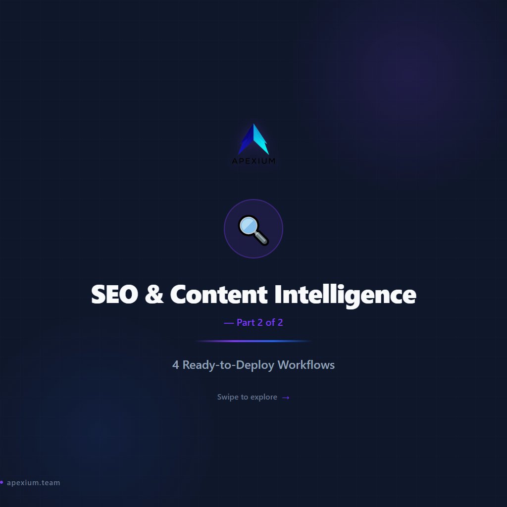 apexium0101's tweet photo. Dominate search rankings with AI-powered SEO intelligence (Part 2/2)

4 SEO & Content Intelligence workflows — ready to deploy:

→ SEO Keyword Tracker (ScrapingBee)
→ SEO Competitor Scanner (RapidAPI)
→ Multi-Agent Handbook Generator
→ Multi-Agent Chat System (@Mentions)

Automated keyword research, content optimization, and rank tracking.

Built with n8n. No code required.

#n8n #Automation #SEO #ContentMarketing