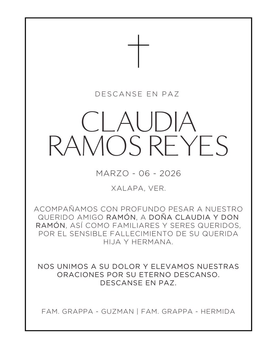 Acompañamos con profundo pesar a nuestro querido amigo Ramón, a doña Claudia y Don Ramón, así como familiares y seres queridos, por el sensible fallecimiento de su querida hija y hermana.
Claudia Ramos Reyes QEPD. 

Nos unimos a su dolor y elevamos nuestras oraciones 🙌