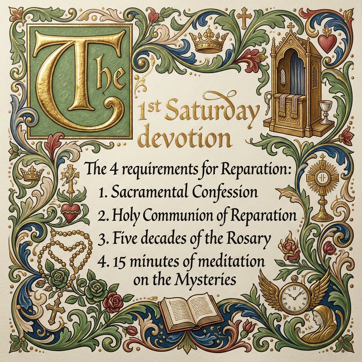 How to fulfill the Five First Saturdays of Reparation requested by Our Lady to Sister Lucia at Pontevedra?